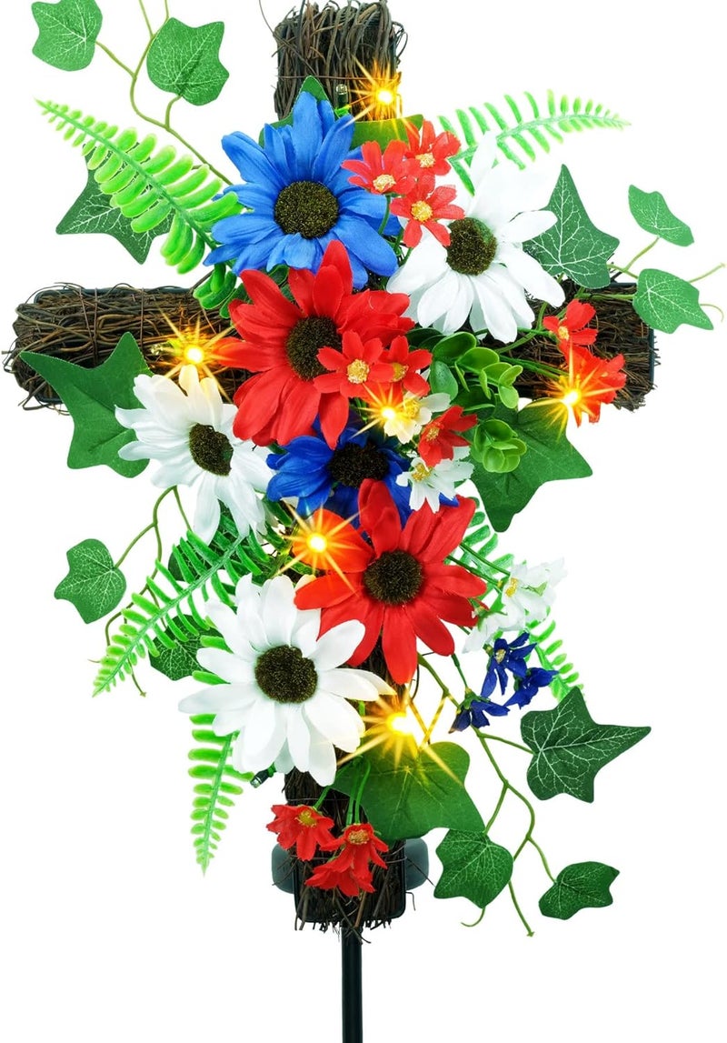 YULETIME Red White & Blue Garden Cross Stake, Solar Powered with Fairy Lights, Metal Cross, Natural Rattan, Red White & Blue Daisies Patriotic Theme Decoration - Image 1